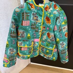 Disney Lady and the Tramp Print Puffer Jacket - Teal and Yellow Size 5/6